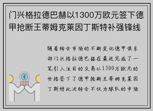 门兴格拉德巴赫以1300万欧元签下德甲抢断王蒂姆克莱因丁斯特补强锋线